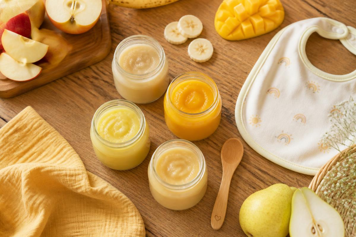 Versgemaakte fruithapjes in glazen potjes op een houten tafel